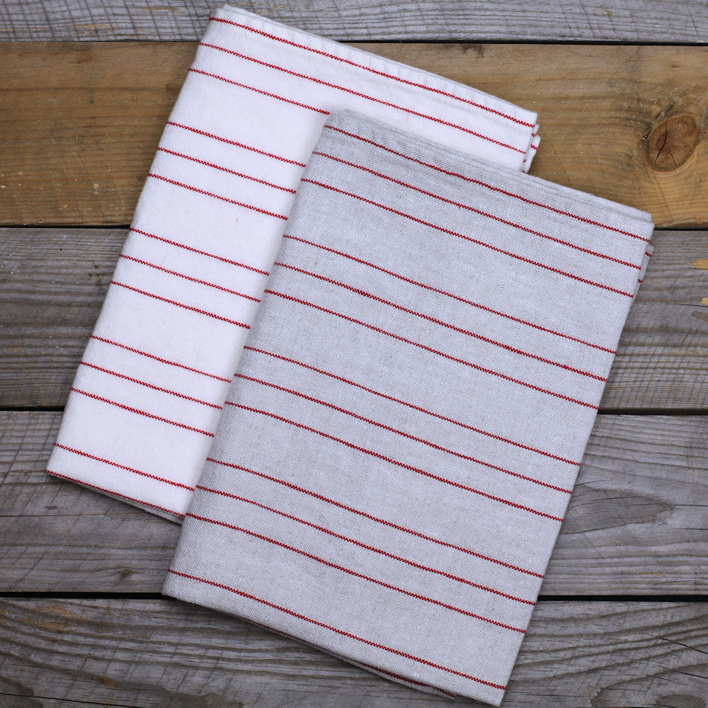 Linen Hand Towel - Stonewashed - Light Natural with Red Pinstripes - Luxury Thick Linen
