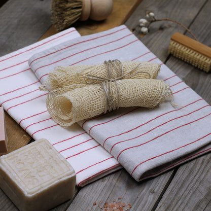 Linen Hand Towel - Stonewashed - White with Red Pinstripes - Luxury Thick Linen