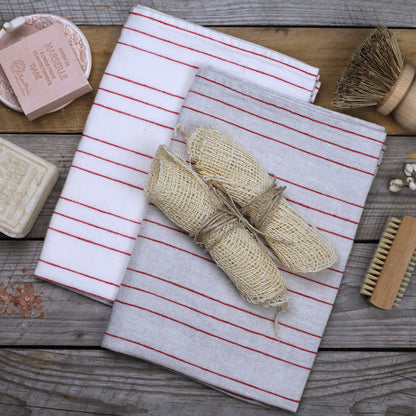 Linen Hand Towel - Stonewashed - Light Natural with Red Pinstripes - Luxury Thick Linen