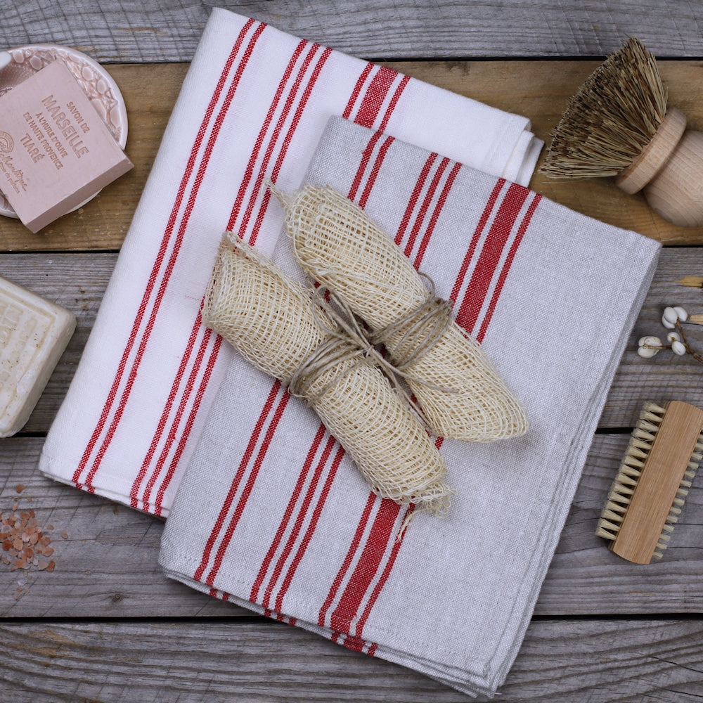 Linen Hand Towel - Stonewashed - White with Red Stripes 2 - Luxury Thick Linen