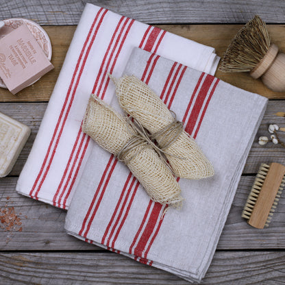 Linen Hand Towel - Stonewashed - White with Red Stripes 2 - Luxury Thick Linen