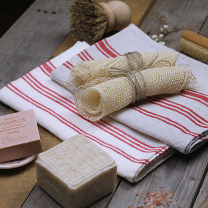 Linen Hand Towel - Stonewashed - White with Red Stripes 2 - Luxury Thick Linen