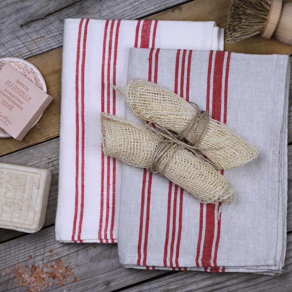 Linen Hand Towel - Stonewashed - White with Red Stripes 2 - Luxury Thick Linen