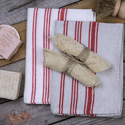 Linen Hand Towel - Stonewashed - White with Red Stripes 2 - Luxury Thick Linen