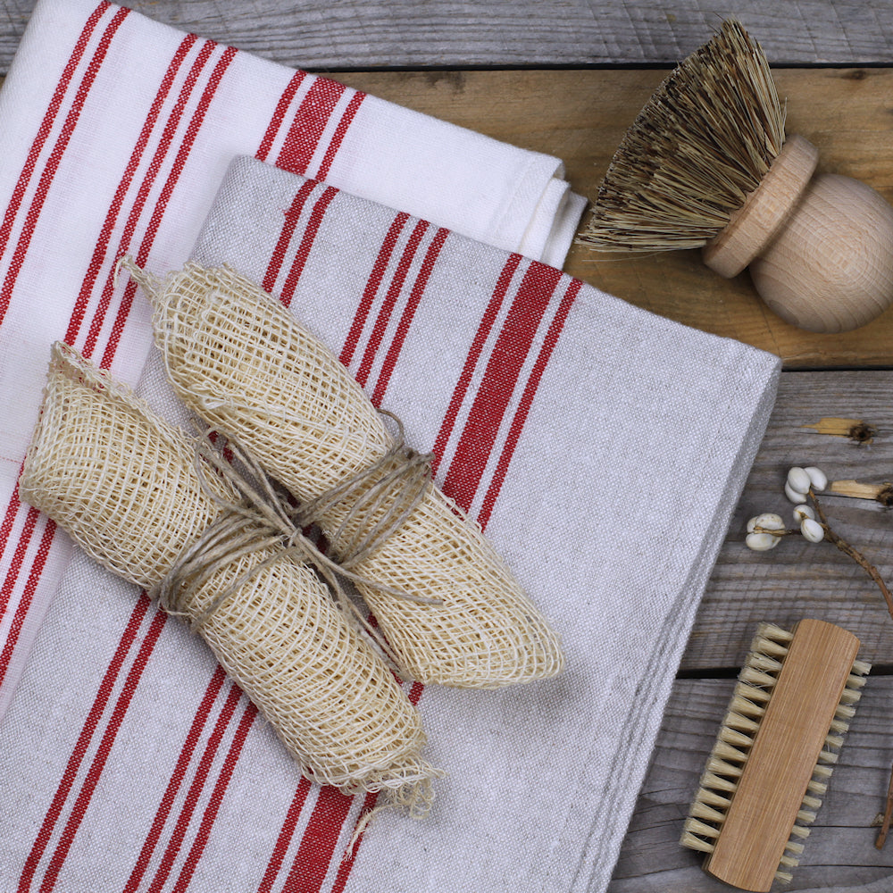 Linen Hand Towel - Stonewashed - White with Red Stripes 2 - Luxury Thick Linen