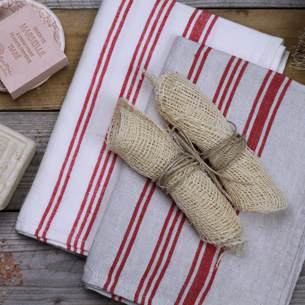Linen Hand Towel - Stonewashed - White with Red Stripes 2 - Luxury Thick Linen