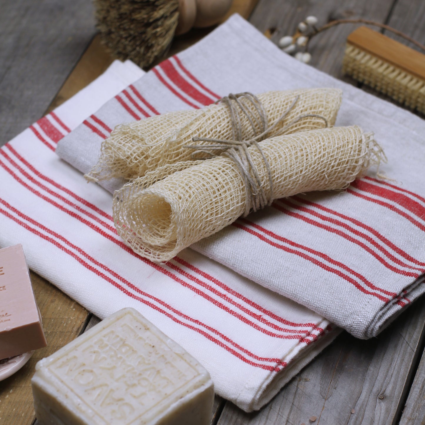 Linen Hand Towel - Stonewashed - White with Red Stripes 2 - Luxury Thick Linen