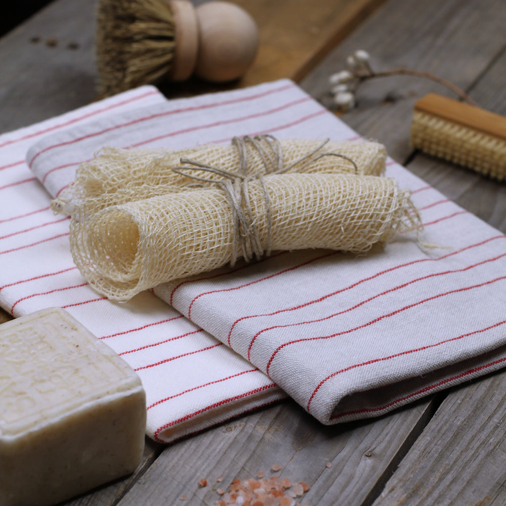 Linen Hand Towel - Stonewashed - Light Natural with Red Pinstripes - Luxury Thick Linen