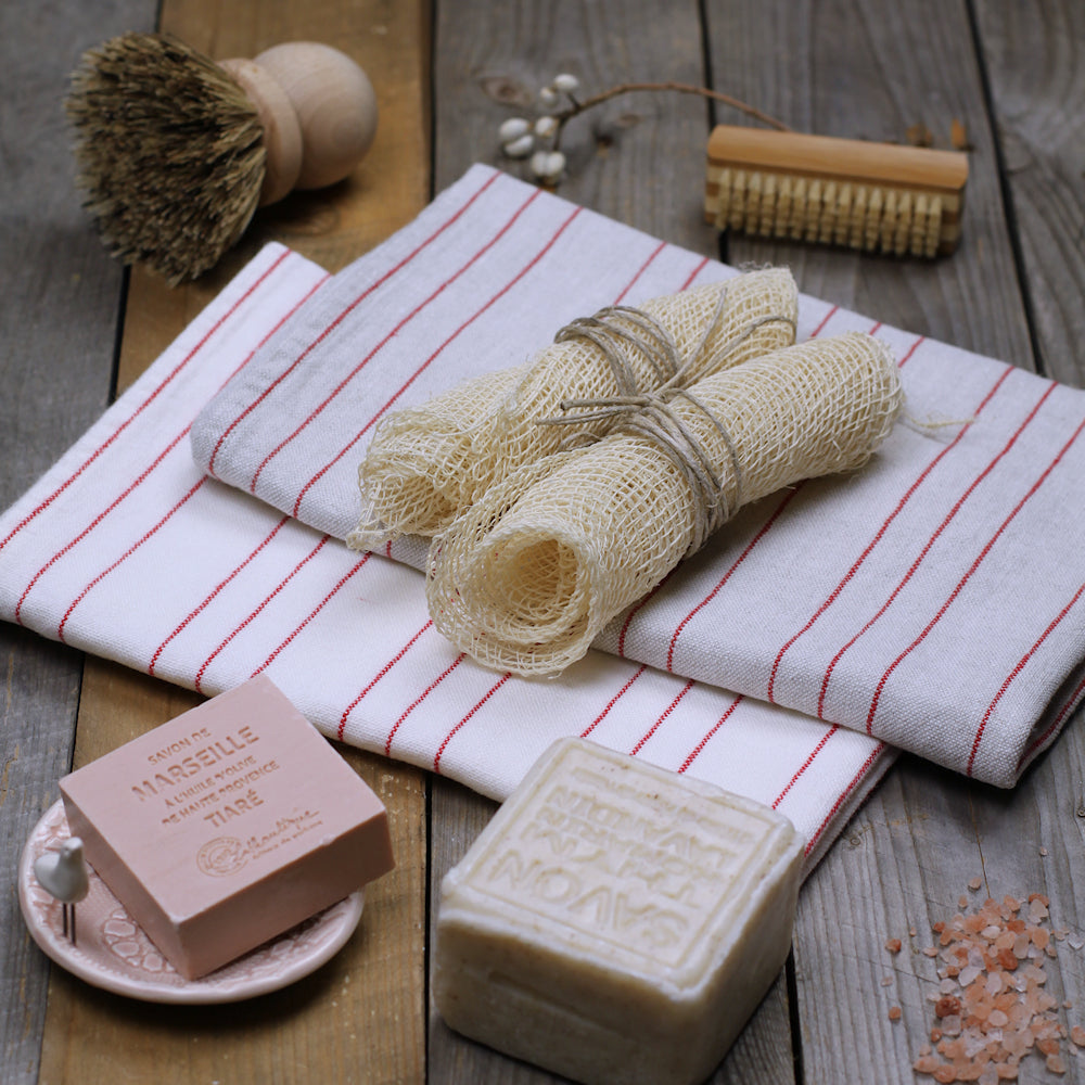 Linen Hand Towel - Stonewashed - Light Natural with Red Pinstripes - Luxury Thick Linen