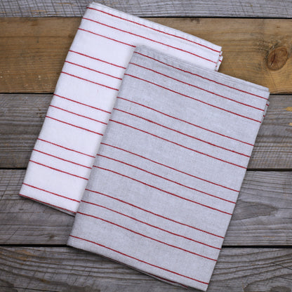 Linen Hand Towel - Stonewashed - White with Red Pinstripes - Luxury Thick Linen