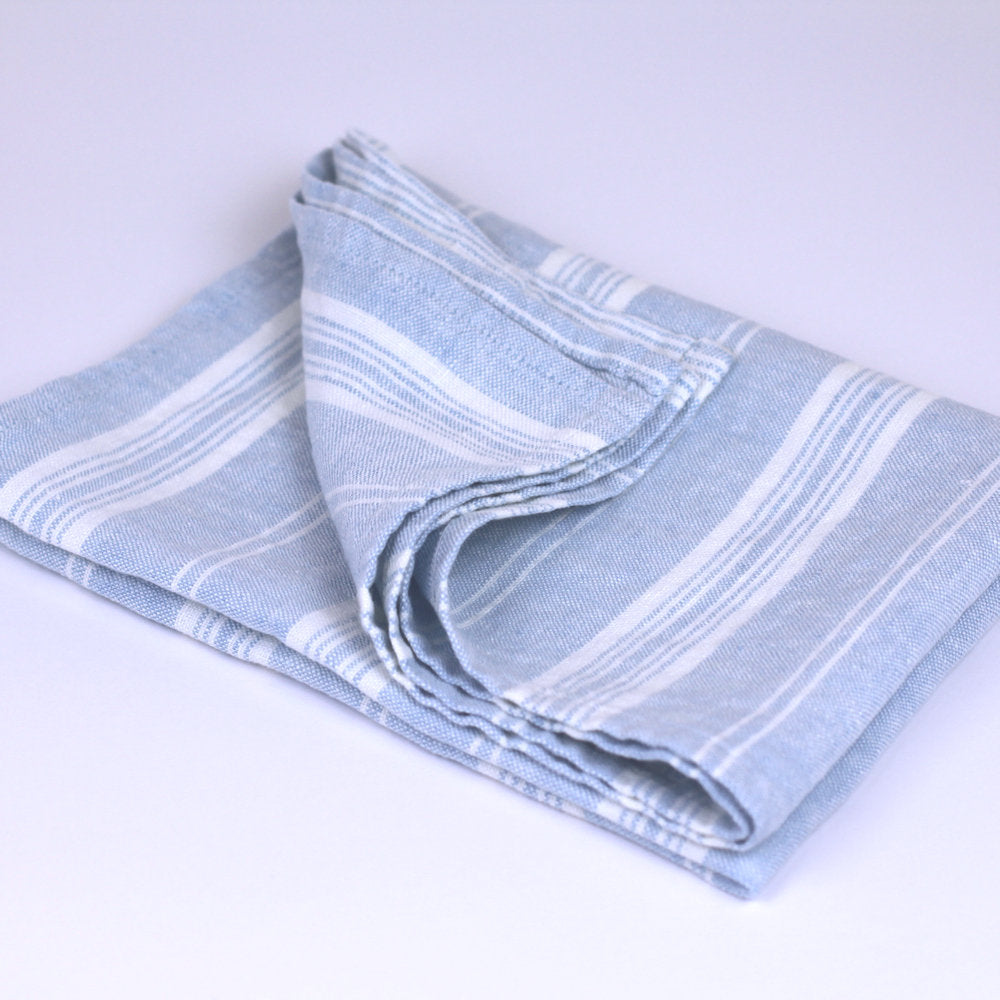 Linen Hand Towel - Stonewashed - Sky Blue with White Stripes 3 - Luxury Thick Linen