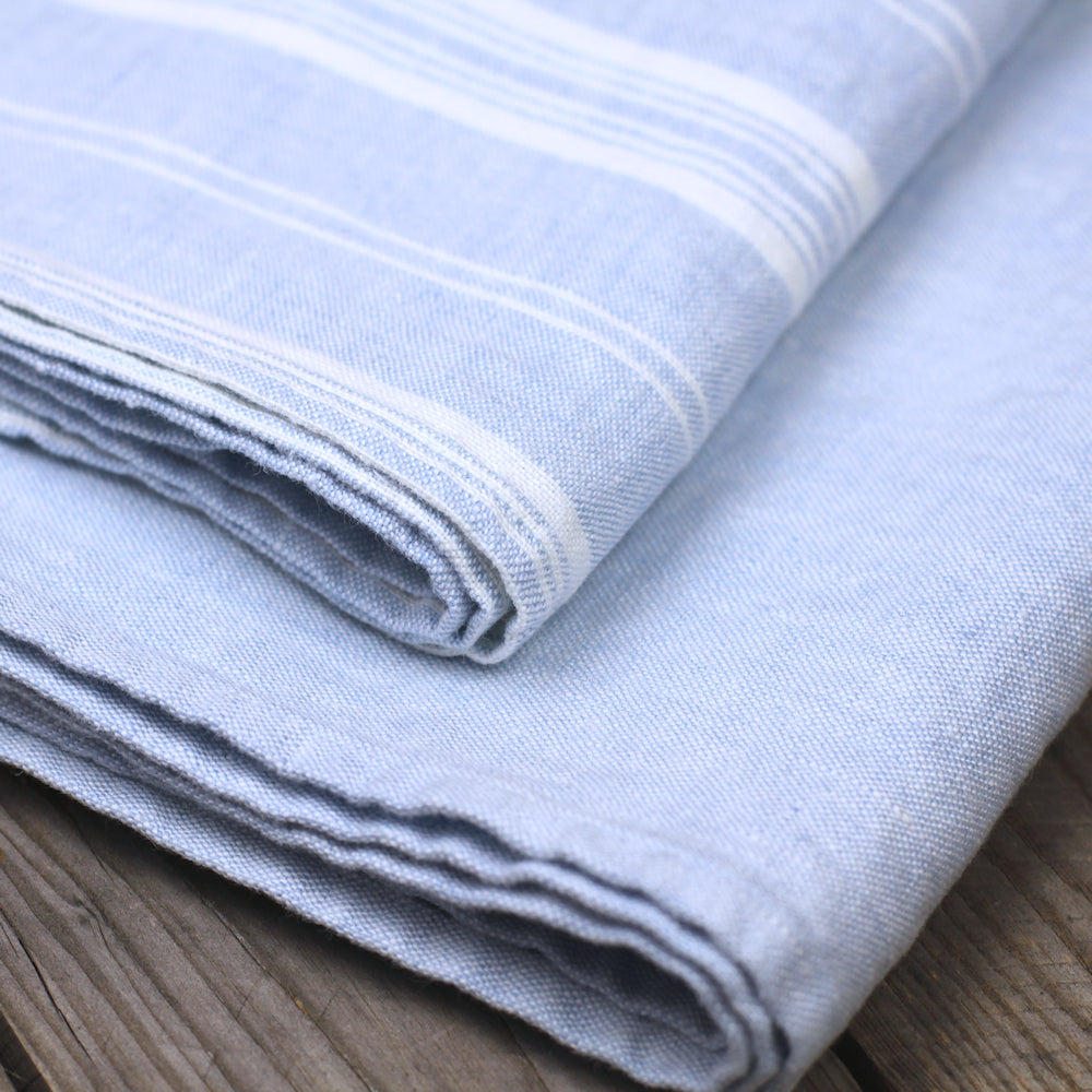 Linen Bath Towel - Stonewashed - Sky Blue with White Stripes 3 - Luxury Thick Linen