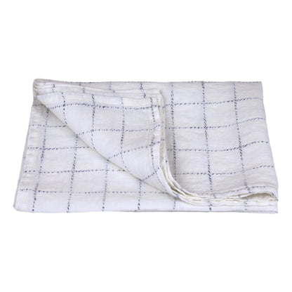 Linen Hand Towel - Stonewashed - White with Twisted Blue Yarn Squares  - Medium Thick Linen