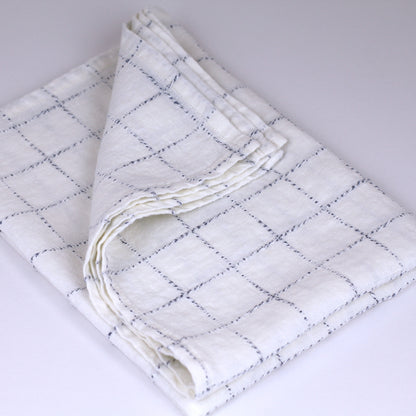 Linen Hand Towel - Stonewashed - White with Twisted Blue Yarn Squares  - Medium Thick Linen