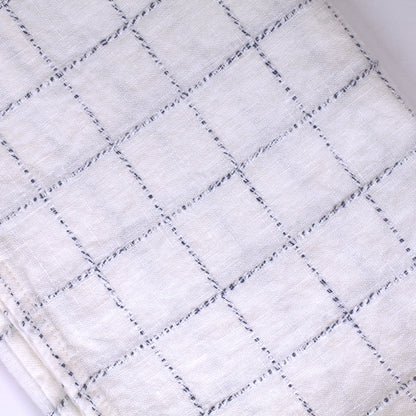 Linen Hand Towel - Stonewashed - White with Twisted Blue Yarn Squares  - Medium Thick Linen