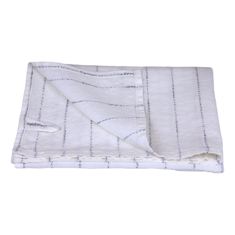 Linen Hand Towel - Stonewashed - White with Twisted Blue Yarn Stripes  - Medium Thick Linen