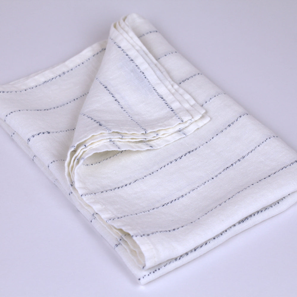 Linen Hand Towel - Stonewashed - White with Twisted Blue Yarn Stripes  - Medium Thick Linen