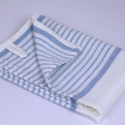 Linen Hand Towel - Stonewashed - White with Light Blue Stripes 2 - Luxury Thick Linen