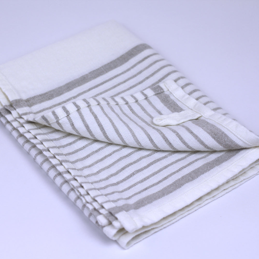 Linen Hand Towel - Stonewashed - White with Light Natural Stripes 2 - Luxury Thick Linen