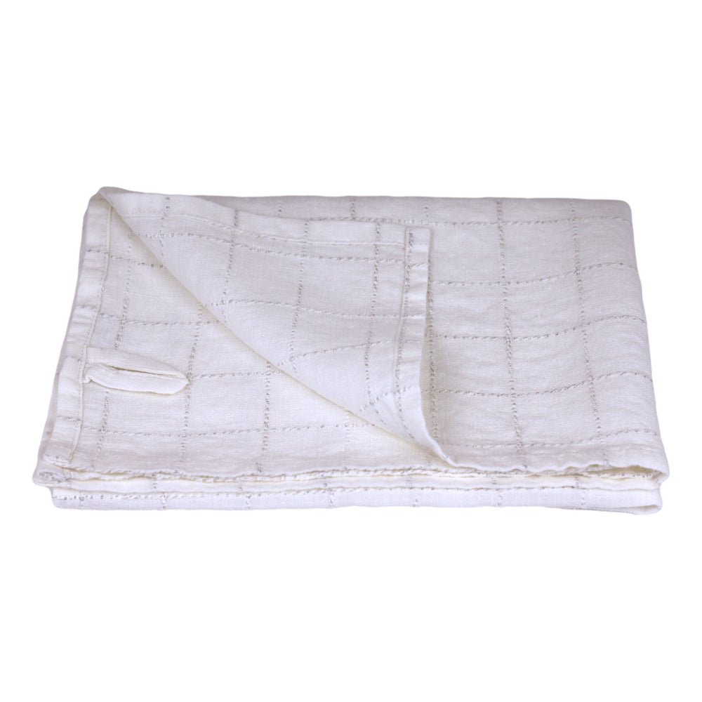 Linen Hand Towel - Stonewashed - White with Twisted Natural Yarn Squares  - Medium Thick Linen