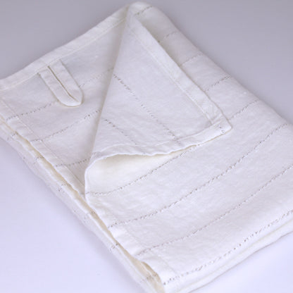 Linen Hand Towel - Stonewashed - White with Twisted Natural Yarn Stripes  - Medium Thick Linen