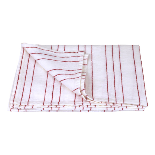 Linen Hand Towel - Stonewashed - White with Red Pinstripes - Luxury Thick Linen
