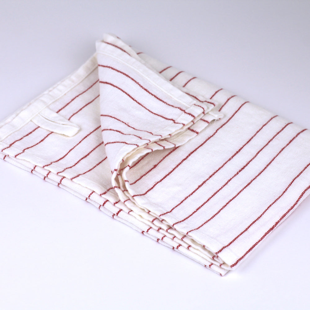Linen Hand Towel - Stonewashed - White with Red Pinstripes - Luxury Thick Linen