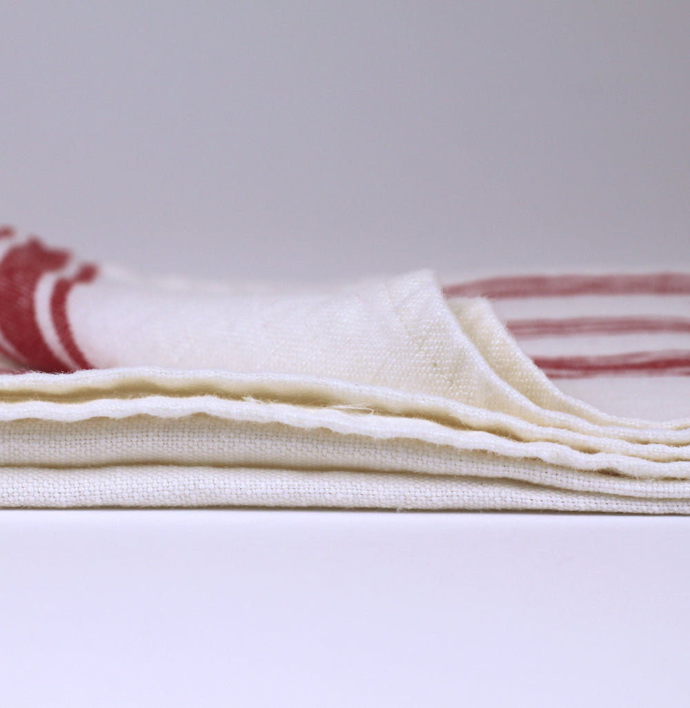 Linen Hand Towel - Stonewashed - White with Red Stripes 2 - Luxury Thick Linen