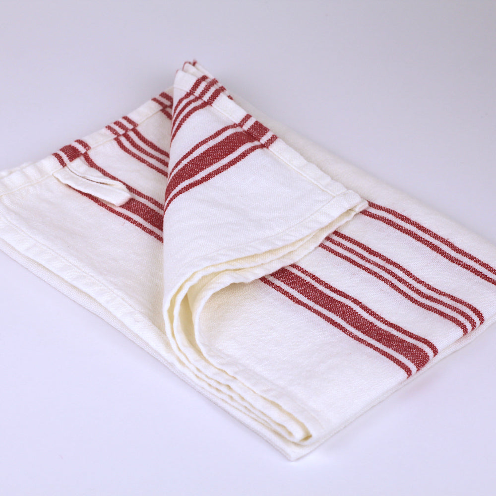 Linen Hand Towel - Stonewashed - White with Red Stripes 2 - Luxury Thick Linen
