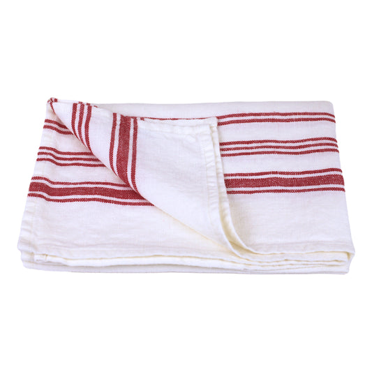 Linen Hand Towel - Stonewashed - White with Red Stripes 2 - Luxury Thick Linen
