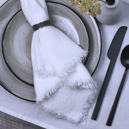 Linen Napkin - Stonewashed - White with Frayed Edges - Luxury Thick Linen