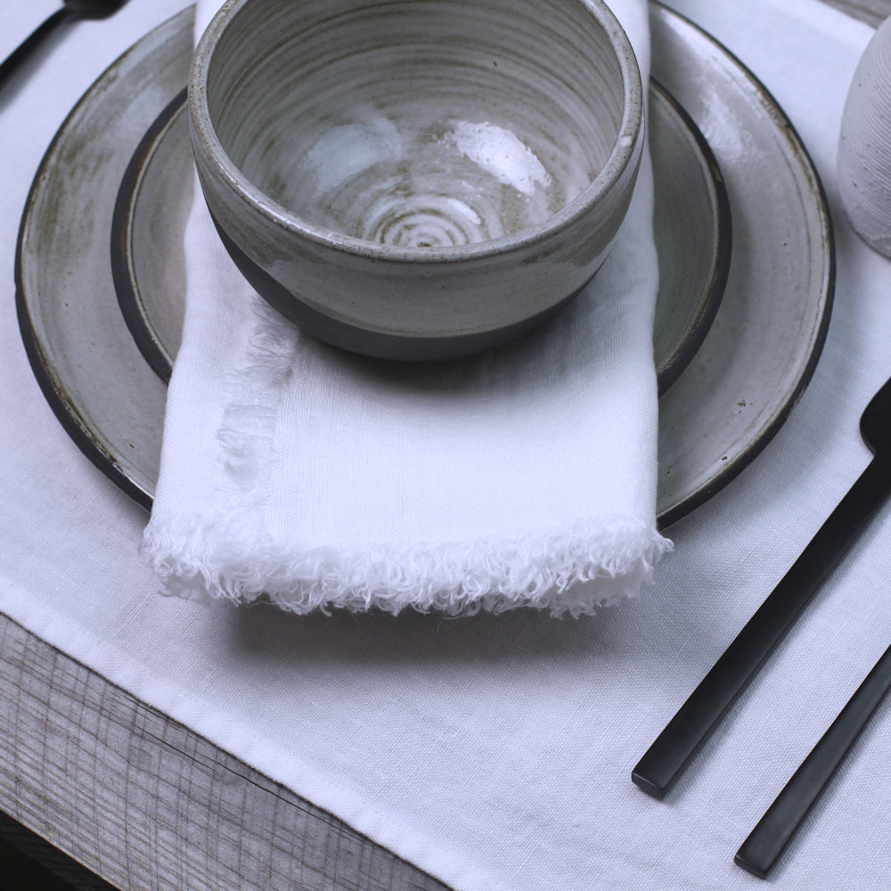 Linen Napkin - Stonewashed - White with Frayed Edges - Luxury Thick Linen