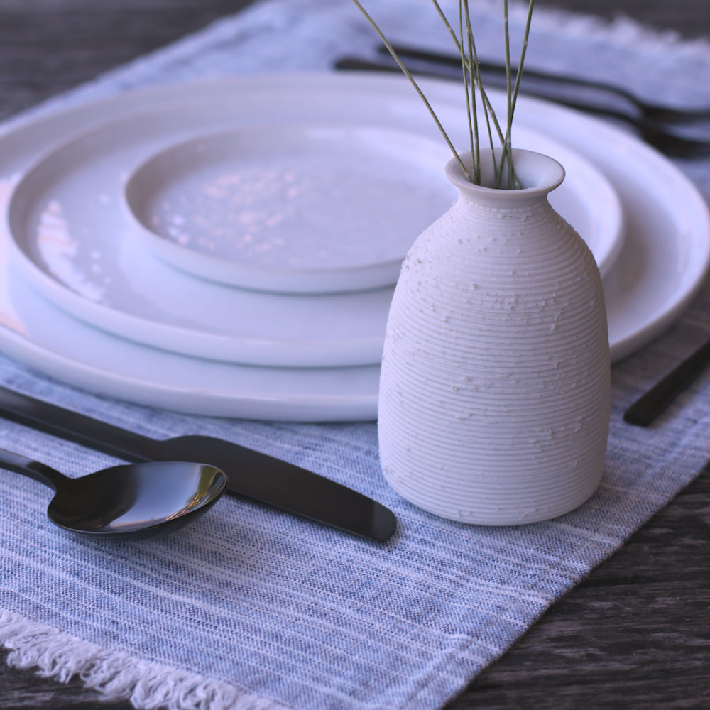 Linen Placemat - Stonewashed - Blue White Print Yarn with Frayed Edges - Luxury Thick Linen