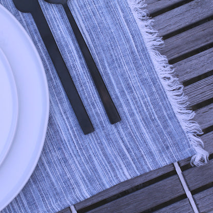 Linen Placemat - Stonewashed - Blue White Print Yarn with Frayed Edges - Luxury Thick Linen