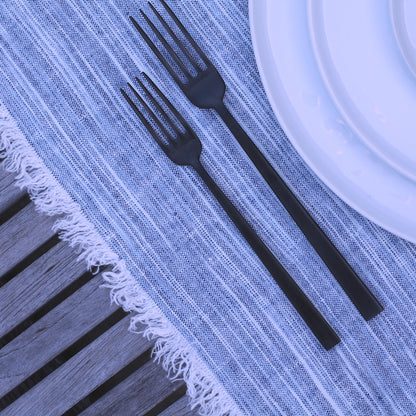 Linen Placemat - Stonewashed - Blue White Print Yarn with Frayed Edges - Luxury Thick Linen