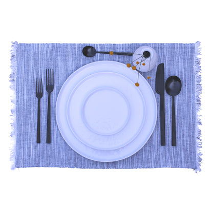 Linen Placemat - Stonewashed - Blue White Print Yarn with Frayed Edges - Luxury Thick Linen