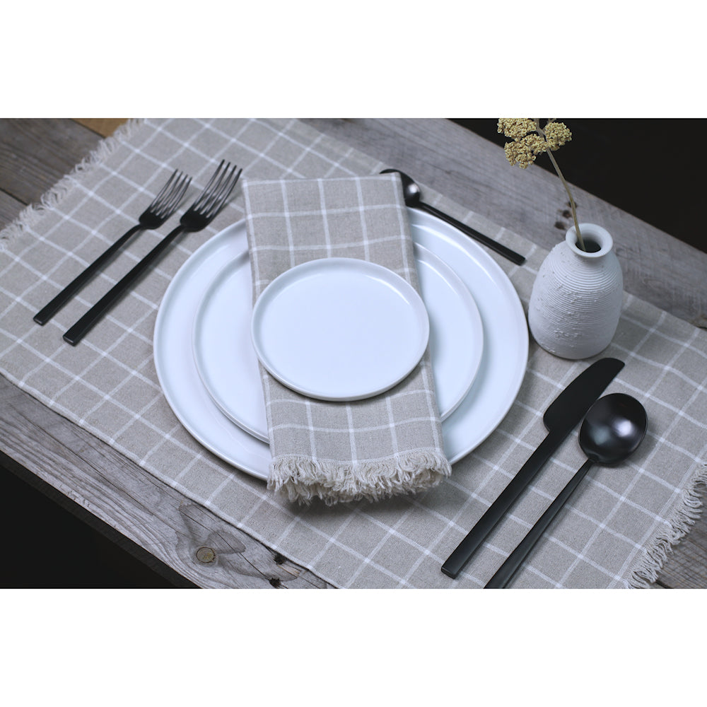 Linen Placemat - Stonewashed - Natural with White Squares and Frayed Edges - Luxury Thick Linen