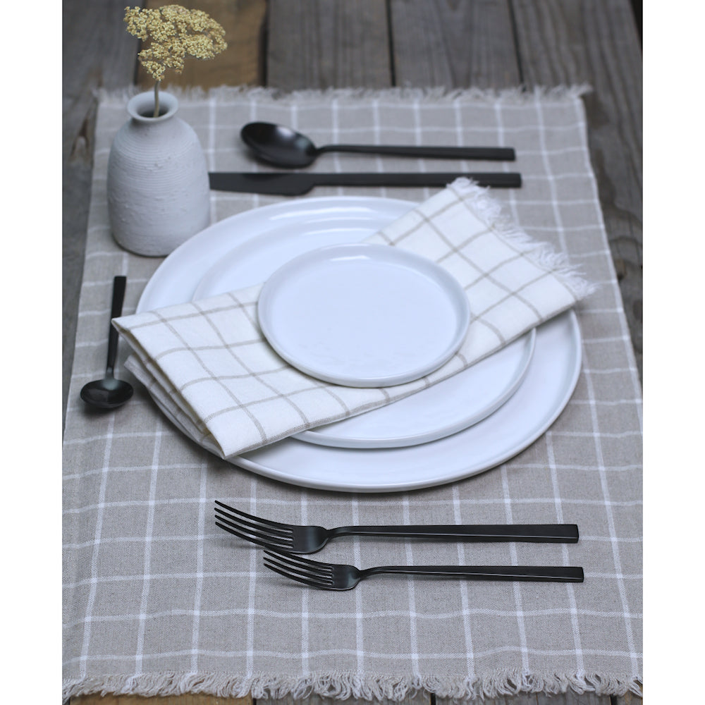 Linen Placemat - Stonewashed - Natural with White Squares and Frayed Edges - Luxury Thick Linen