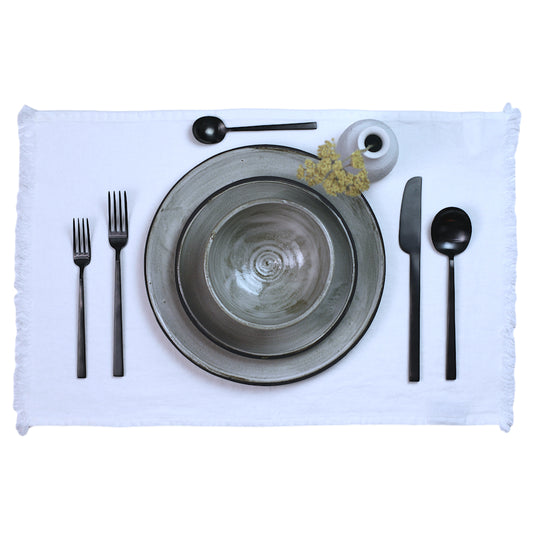 Linen Placemat - Stonewashed - Optic White with Frayed Edges - Luxury Thick Linen
