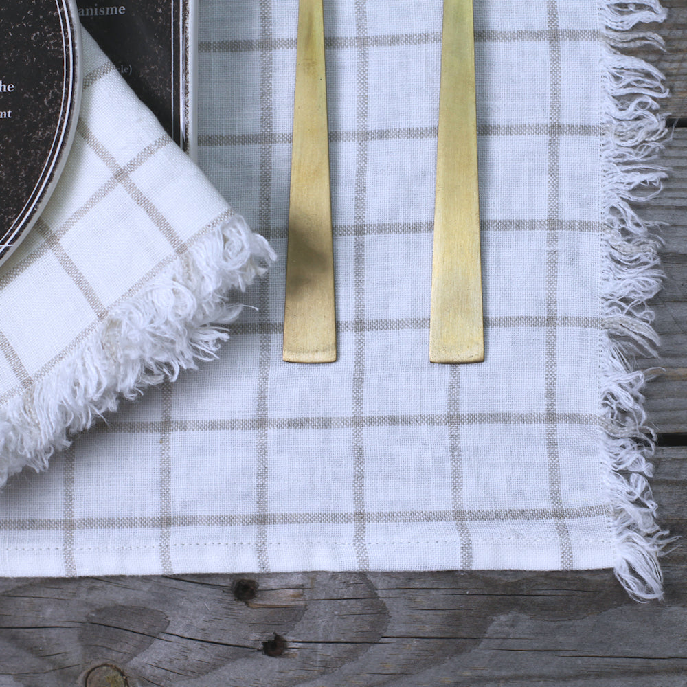 Linen Placemat - Stonewashed - Off White with Natural Squares and Frayed Edges - Luxury Thick Linen