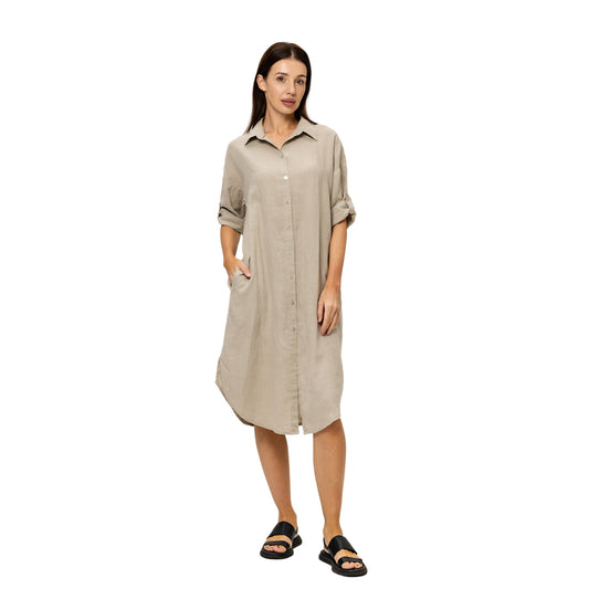 Linen Shirt-Dress - Natural - Stonewashed - Luxury Medium Thick Linen