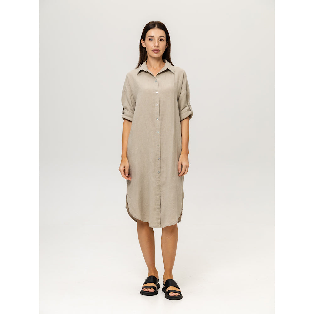 Linen Shirt-Dress - Natural - Stonewashed - Luxury Medium Thick Linen