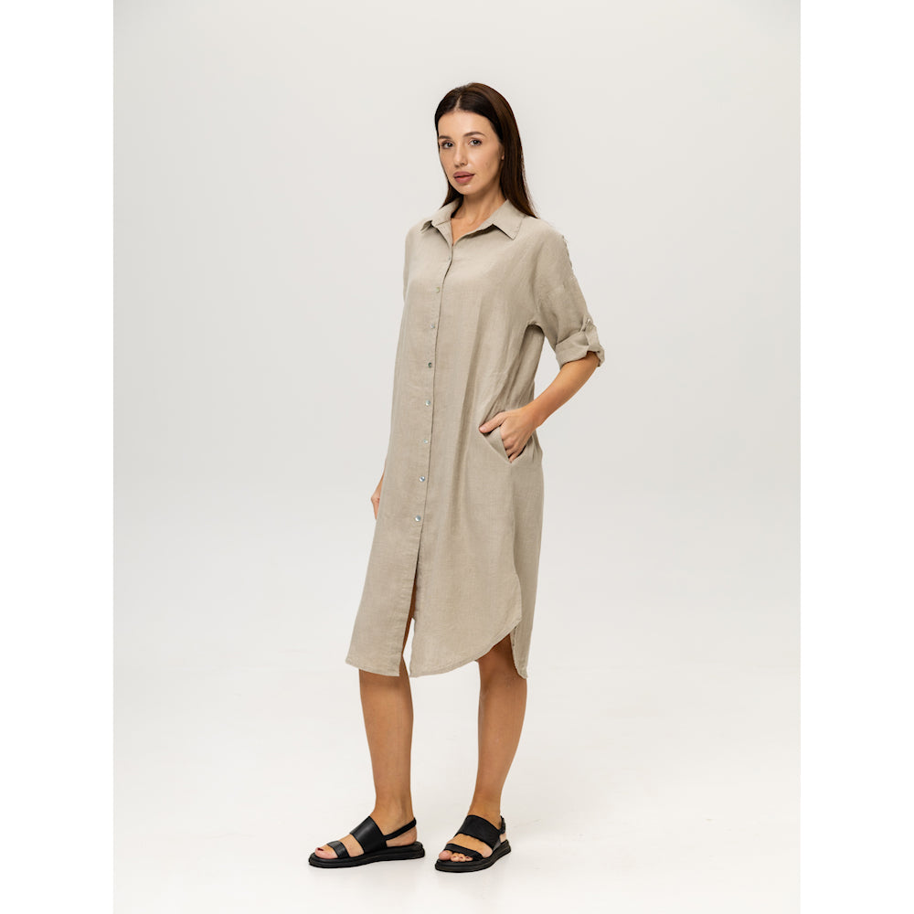 Linen Shirt-Dress - Natural - Stonewashed - Luxury Medium Thick Linen