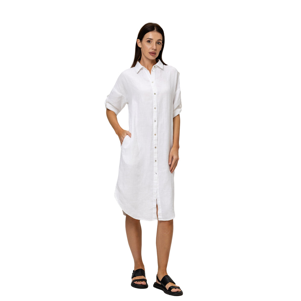 Linen Shirt-Dress - White - Stonewashed - Luxury Medium Thick Linen