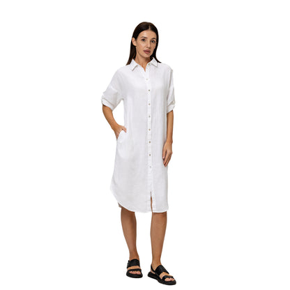 Linen Shirt-Dress - White - Stonewashed - Luxury Medium Thick Linen