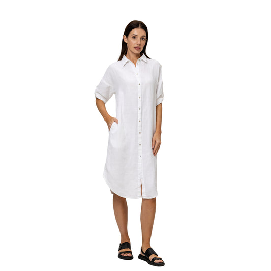 Linen Shirt-Dress - White - Stonewashed - Luxury Medium Thick Linen