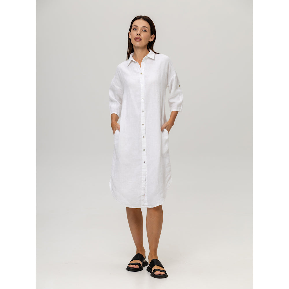 Linen Shirt-Dress - White - Stonewashed - Luxury Medium Thick Linen