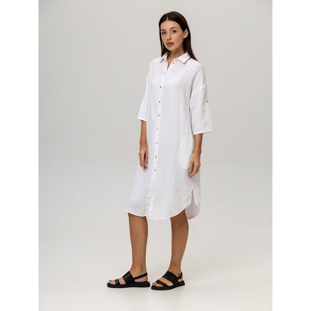 Linen Shirt-Dress - White - Stonewashed - Luxury Medium Thick Linen