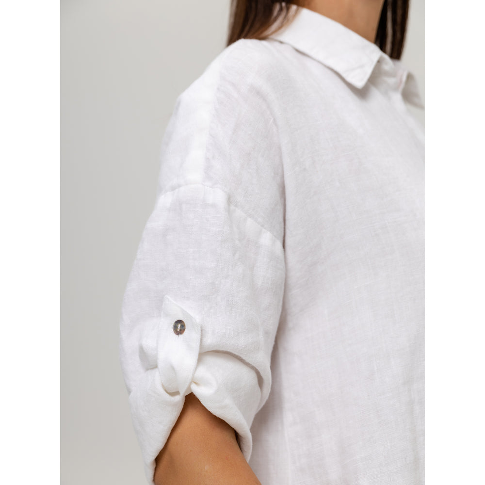 Linen Shirt-Dress - White - Stonewashed - Luxury Medium Thick Linen