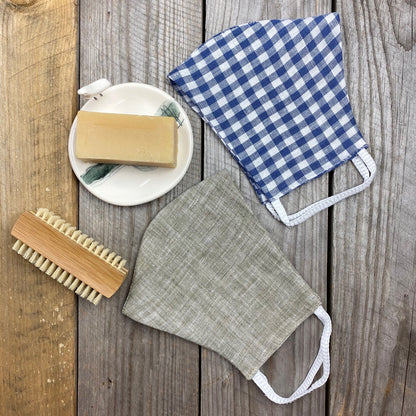 Linen Face Mask - Stonewashed - Blue White Check Pattern - Very Soft - Washable and Reusable - 2-ply